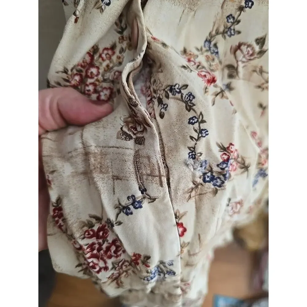 VTG Cottagecore Prairie Tan Floral Print Button Front Short Sleeve Dress Small‎